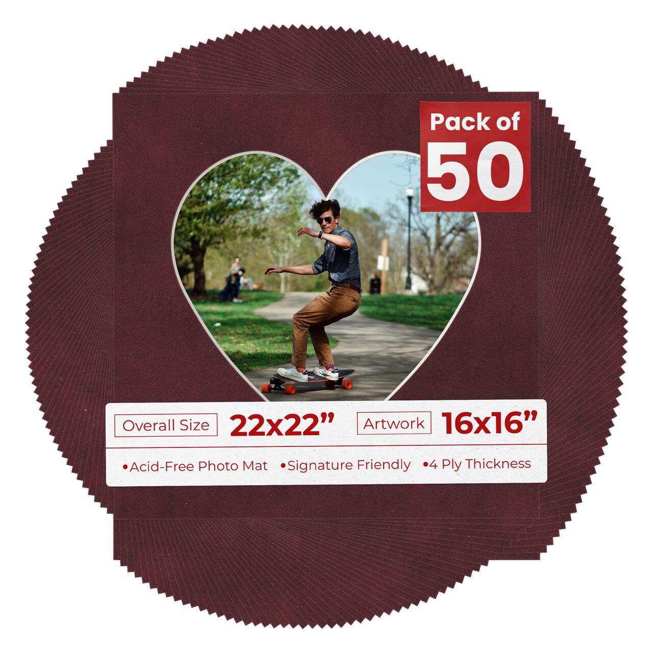 Dark Red Suede Mat Board for 22x22 Frames - Heart Opening for 16x16 Photos